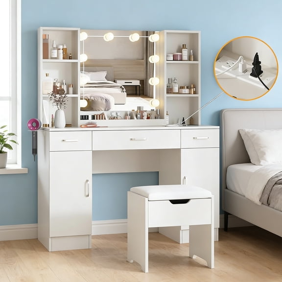 Vabches Modern Vanity Desk Set with Large Mirror and Stool, Large Makeup Table Set with 3 Drawers, 2 Cabinets & Storage Stool, Adjustable Lighting Colors