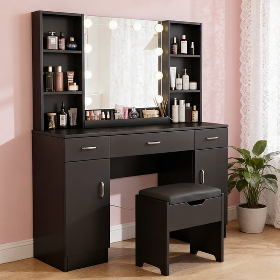 Vabches Modern Vanity Desk Set with Large Mirror and Stool, Large Makeup Table Set with 3 Drawers, 2 Cabinets & Storage Stool, Adjustable Lighting Colors