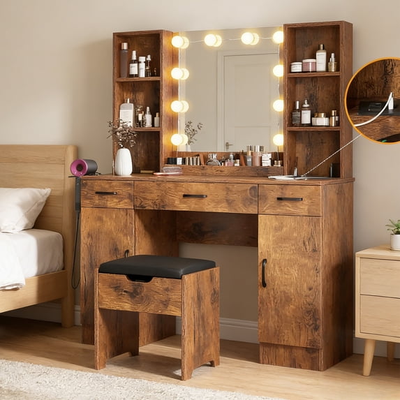 Vabches Modern Vanity Desk Set with Large Mirror and Stool, Large Makeup Table Set with 3 Drawers, 2 Cabinets & Storage Stool, Adjustable Lighting Colors