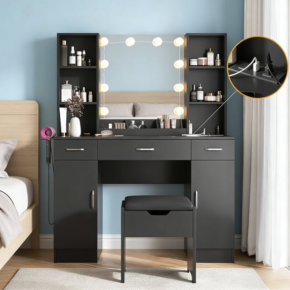 Vabches Modern Vanity Desk Set with Large Mirror and Stool, Large Makeup Table Set with 3 Drawers, 2 Cabinets & Storage Stool Charging Station, Adjustable Lighting Colors