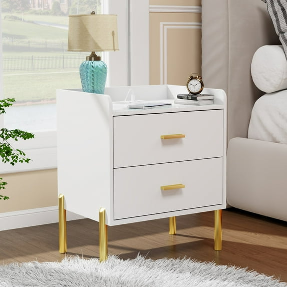 Vabches Modern Wood 2 Drawers Nightstand Bedside Table with Charging Station for Bedroom, White,21.6" H