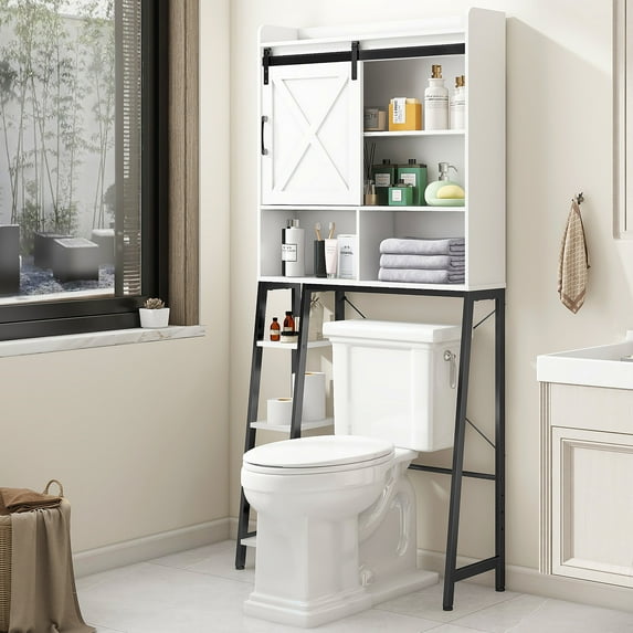Vabches Over The Toilet Storage Cabinet with Sliding Door and Integrated Toilet Paper Holder, Ideal for Bathrooms, Restrooms, and Laundry Rooms