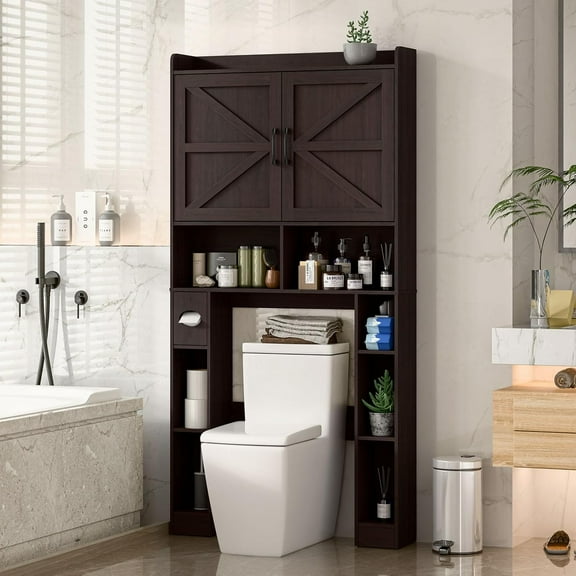Vabches Over The Toilet Storage Cabinet with Toilet Paper Holder Stand, Above Toilet with Adjustable Shelf & 2 Doors