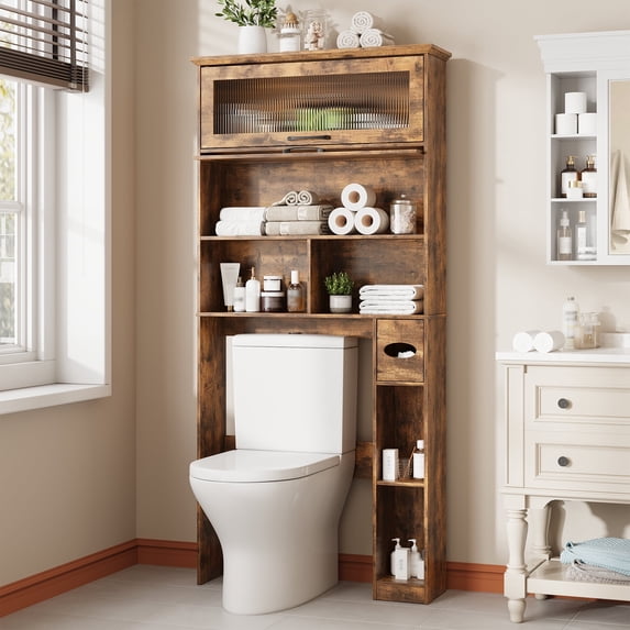 Vabches Over The Toilet Storage Cabinet with Transparent Flip Door, 33.2''W Bathroom Over Toilet Shelf Space Saver with Toilet Paper Holder
