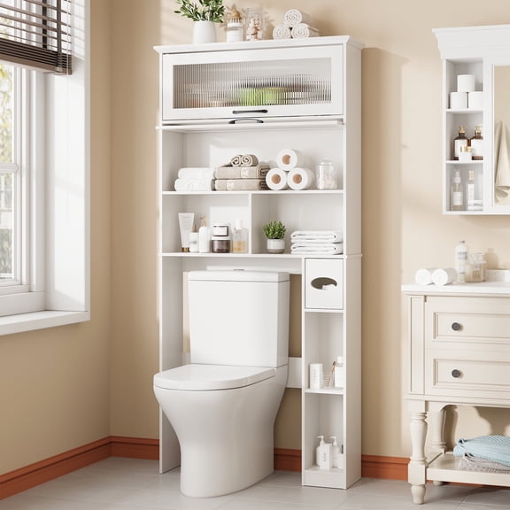 Vabches Over The Toilet Storage Cabinet with Transparent Flip Door, 33.2''W Bathroom Over Toilet Shelf Space Saver with Toilet Paper Holder