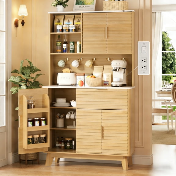 Vabches Pantry Cabinet with Fluted Kitchen Hutch and Charging Stations, Buffet Storage Cabinet with Large Countertop, Drawers & Shelves, Natural