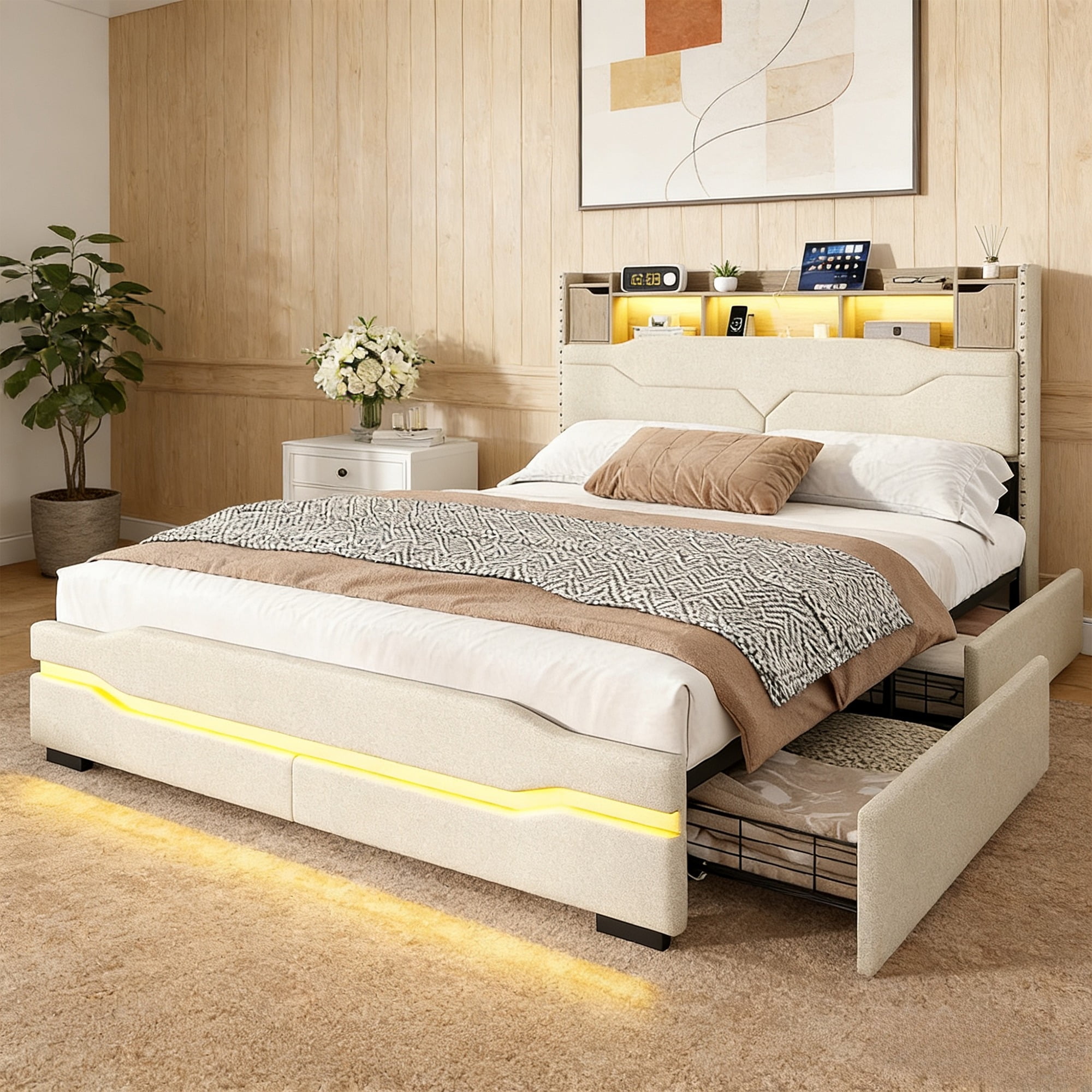 Vabches Queen Bed Frame with LED Lights & Charging Station, Upholstered Headboard Bed with 4 Large Storage Drawers & Metal Support Base, No Box Spring Needed