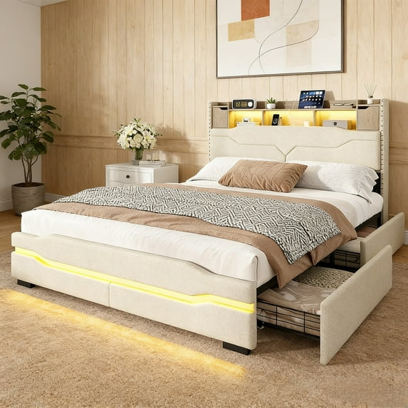 Vabches Queen Bed Frame with LED Lights & Charging Station, Upholstered Headboard Bed with 4 Large Storage Drawers & Metal Support Base, No Box Spring Needed