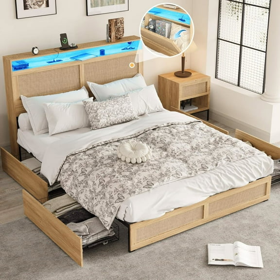 Vabches Queen Size Bed Frame with Rattan Storage Headboard,Queen Size Bed Frame with LED Light, 4 Drawers and Charging Station, Metal Platform