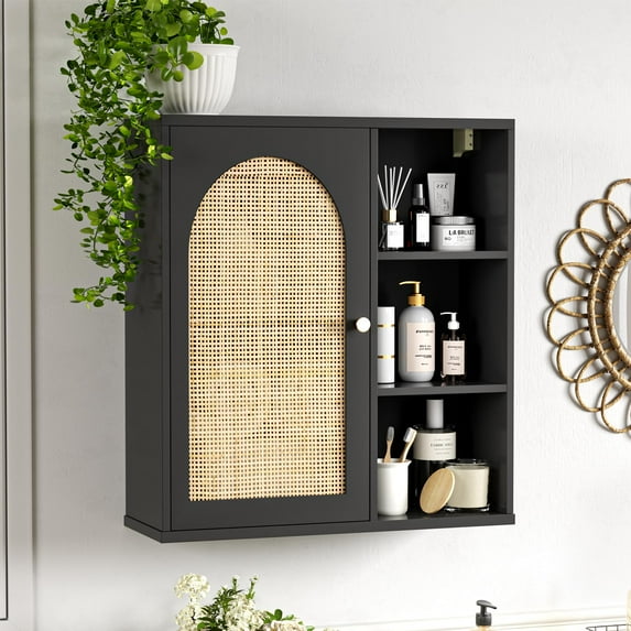 Vabches Rattan Medicine Cabinet Bathroom Organizer, Wall Storage Cabinet With Door & Adjustable Shelves,Black