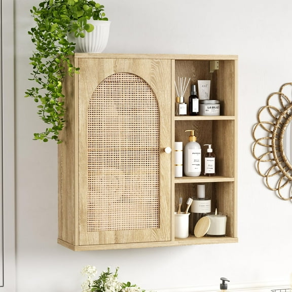 Vabches Rattan Medicine Cabinet Bathroom Organizer, Wall Storage Cabinet With Door & Adjustable Shelves,Natural