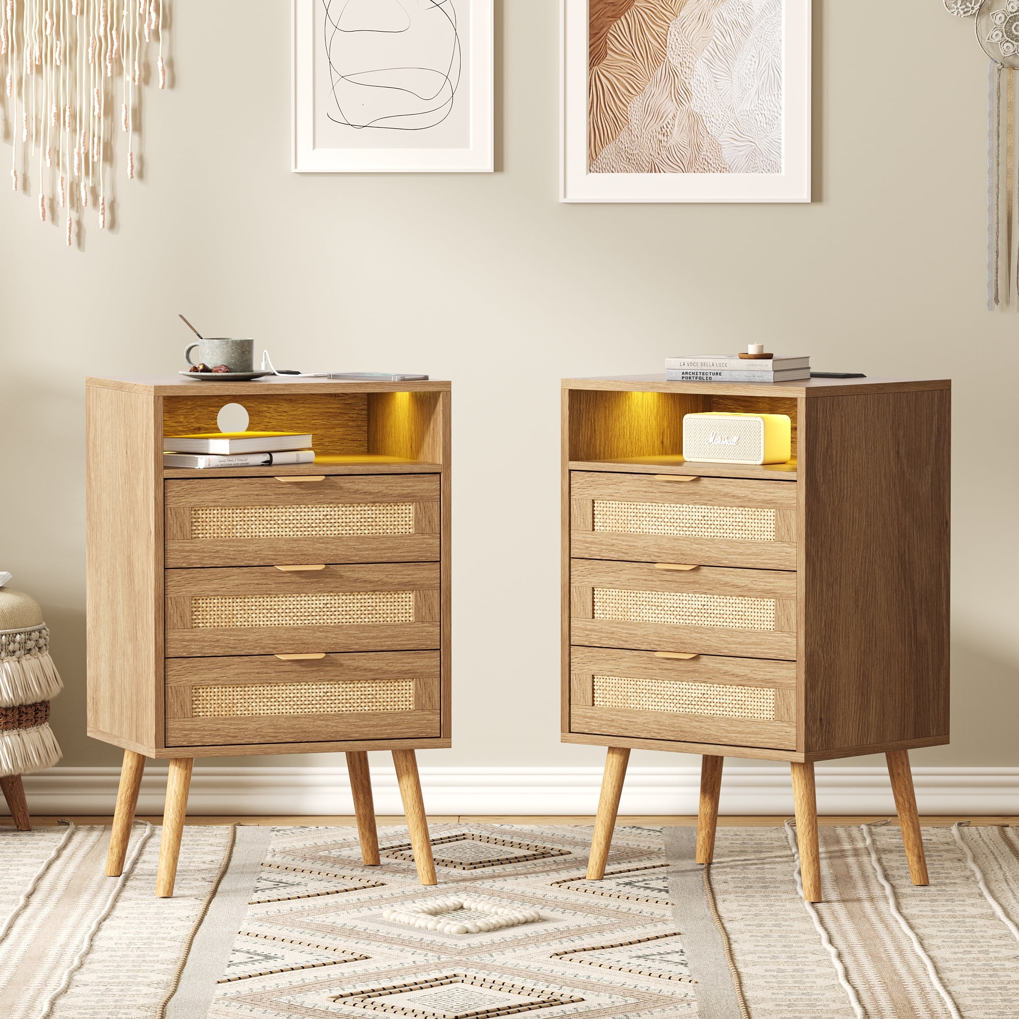Vabches Rattan Nightstand Set of 2 with Charging Station and 3 Drawers for Bedroom, Living Room