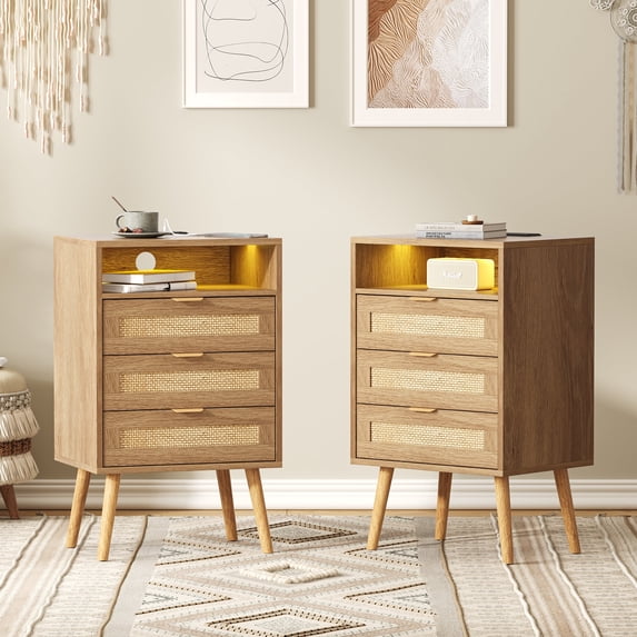 Vabches Rattan Nightstand Set of 2 with Charging Station and 3 Drawers for Bedroom, Living Room