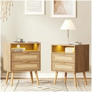 Vabches Rattan Nightstand Set of 2 with USB and 2 Drawers for Bedroom, Living Room