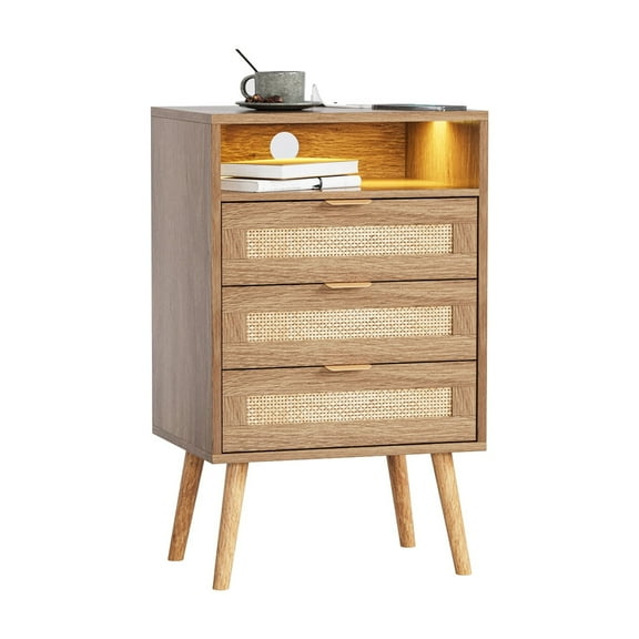 Vabches Rattan Nightstand with Charging Station and 3 Drawers for Bedroom, Living Room (1 Pack)