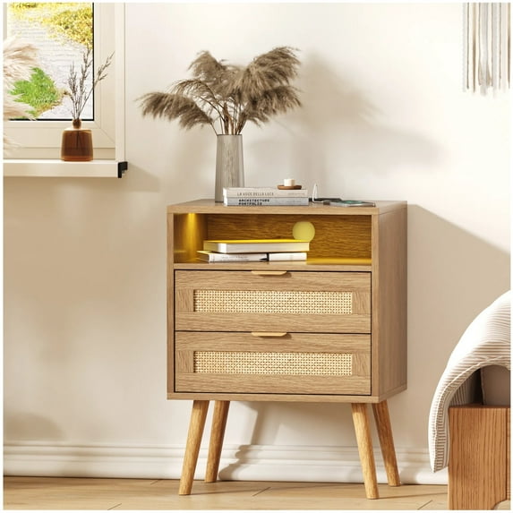 Vabches Rattan Nightstand with USB and 2 Drawers for Bedroom, Living Room (1 Pack)