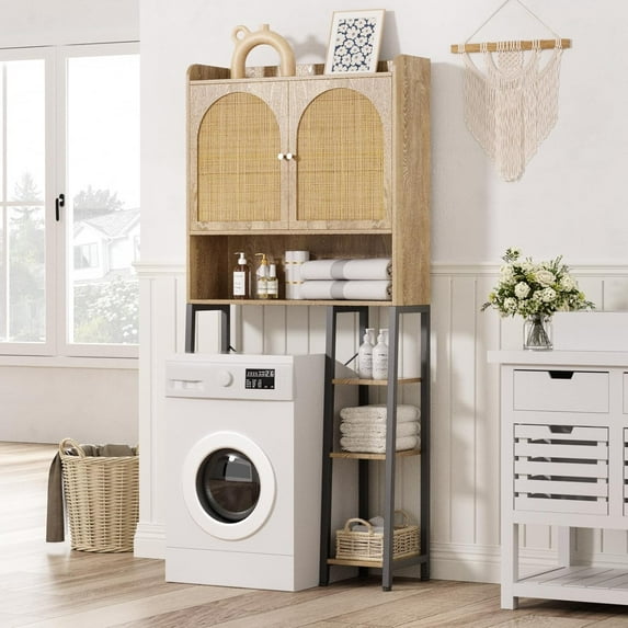 Vabches Rattan Over The Toilet Storage Cabinet with Adjustable Shelves and Doors, 30''W Free Standing Toilet Shelf Space Saver with Metal Stand