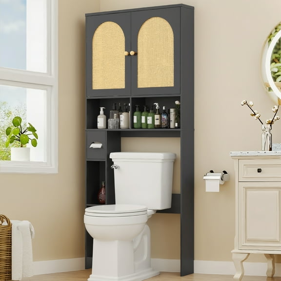 Vabches Rattan Over The Toilet Storage Cabinet with Paper Holder Stand, Above Toilet Organizer with Rattan Doors for Restroom, Bathroom, Laundry