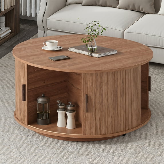 Vabches Round Coffee Table with Storage and Sliding Door, Vintage Farmhouse Wooden Center Table for Living Room, Brown