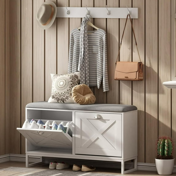 Vabches Shoe Storage Bench with 2 Drawers and Clothes Rack, White