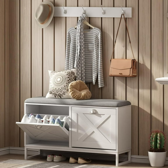 Vabches Shoe Storage Bench with 2 Drawers and Clothes Rack, White
