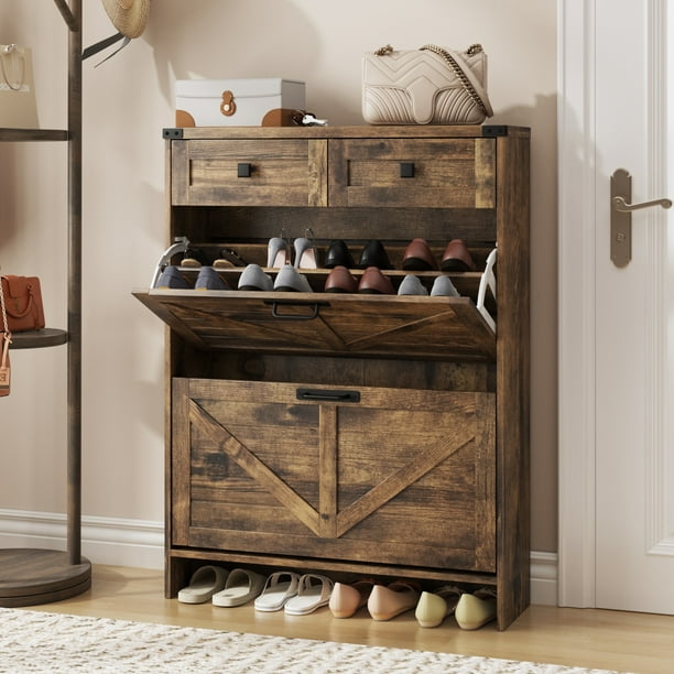 Vabches Shoe Storage Cabinet with 2 Filp Drawers and 2 Drawers, Farmhouse Slim Shoe Cabinet for Entryway, Rustic Brown Vabches Shoe Storage Cabinet with 2 Filp Drawers and 2 Drawers, Farmhouse Slim Shoe Cabinet for Entryway, Rustic Brown