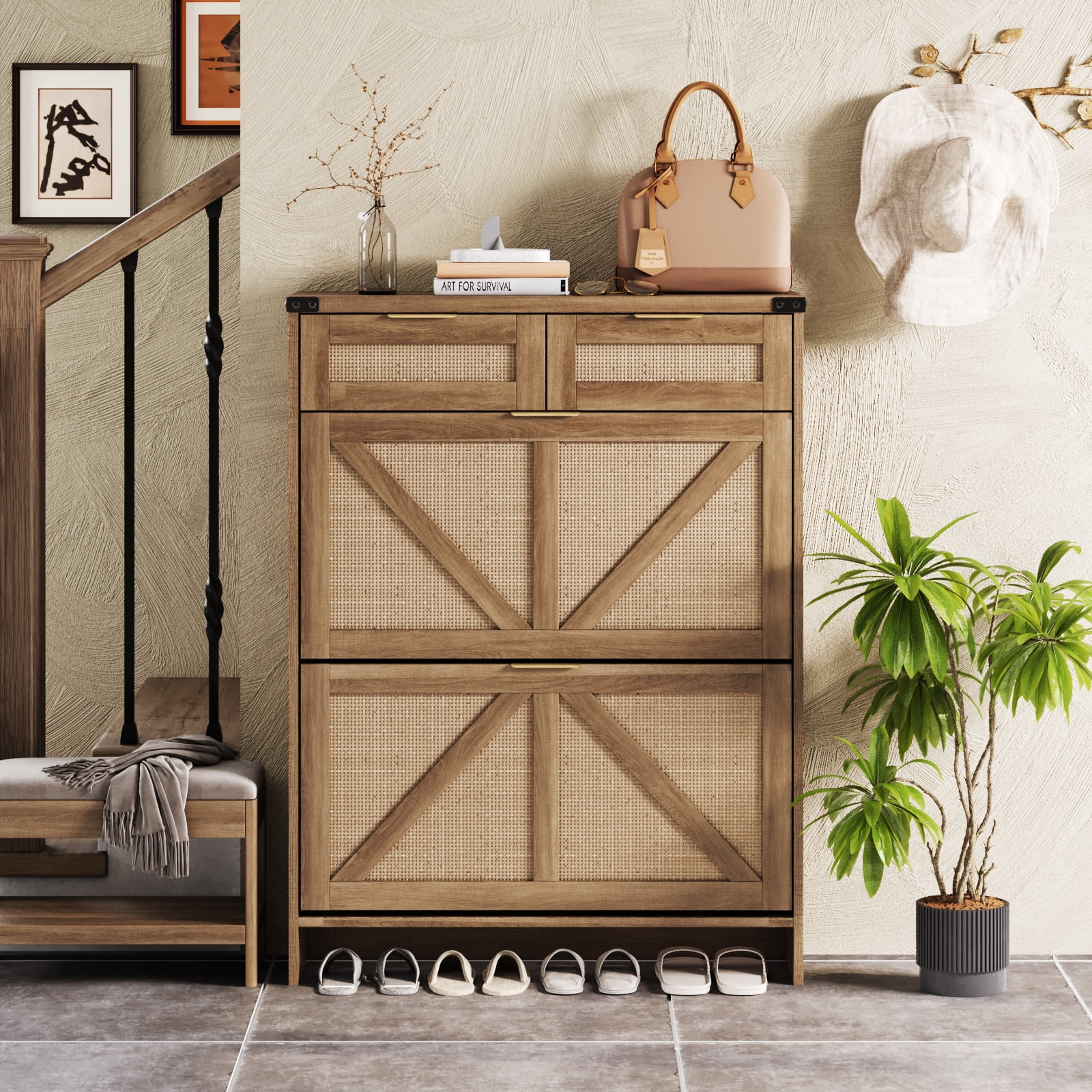 Vabches Shoe Storage Cabinet with 2 Filp Drawers and 2 Drawers, Farmhouse Slim Shoe Cabinet for Entryway, Rustic Oak Rattan Vabches Shoe Storage Cabinet with 2 Filp Drawers and 2 Drawers, Farmhouse Slim Shoe Cabinet for Entryway, Rustic Oak Rattan