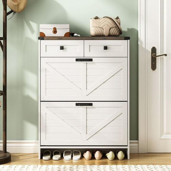 Vabches Shoe Storage Cabinet with 2 Filp Drawers and 2 Drawers, Farmhouse Slim Shoe Cabinet for Entryway, White