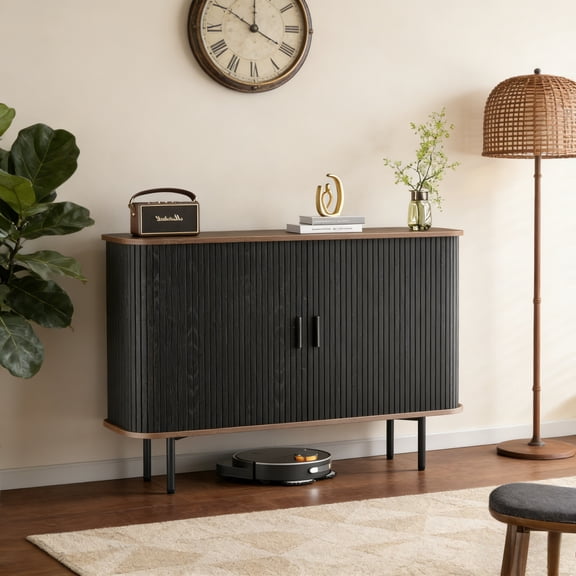 Vabches Sideboard Buffet Cabinet with 2 Sliding Tambour Doors, 47" Farmhouse Storage Cabinet with Adjustable Shelves for Living, Dining Room, Kitchen, Hallway