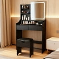 thumbnail image 1 of Vabches Small Vanity Set with Mirror AndLED  Lights, Modern Makeup Vanity Table with Storage Stool, Charging Station and 2 Drawers, 1 of 8