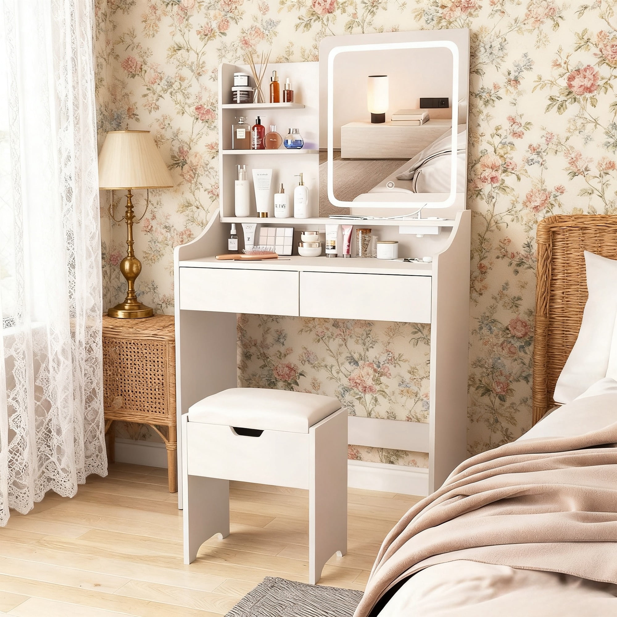 Vabches Small Vanity Set with Mirror AndLED Lights, Modern Makeup