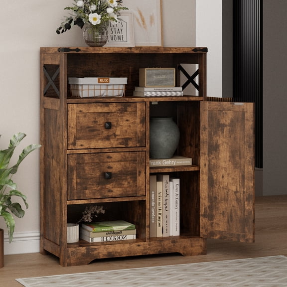 Vabches Storage Cabinet with 2 Drawers, Farmhouse Sideboard Cabinet with Open Shelves for Living Room, Brown