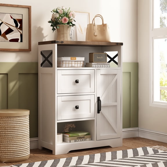 Vabches Entryway Cabinet, Kitchen Storage Cabinet with 2 Drawers, Farmhouse Buffet Sideboard Cabinet with Open Shelves for Living Room, White