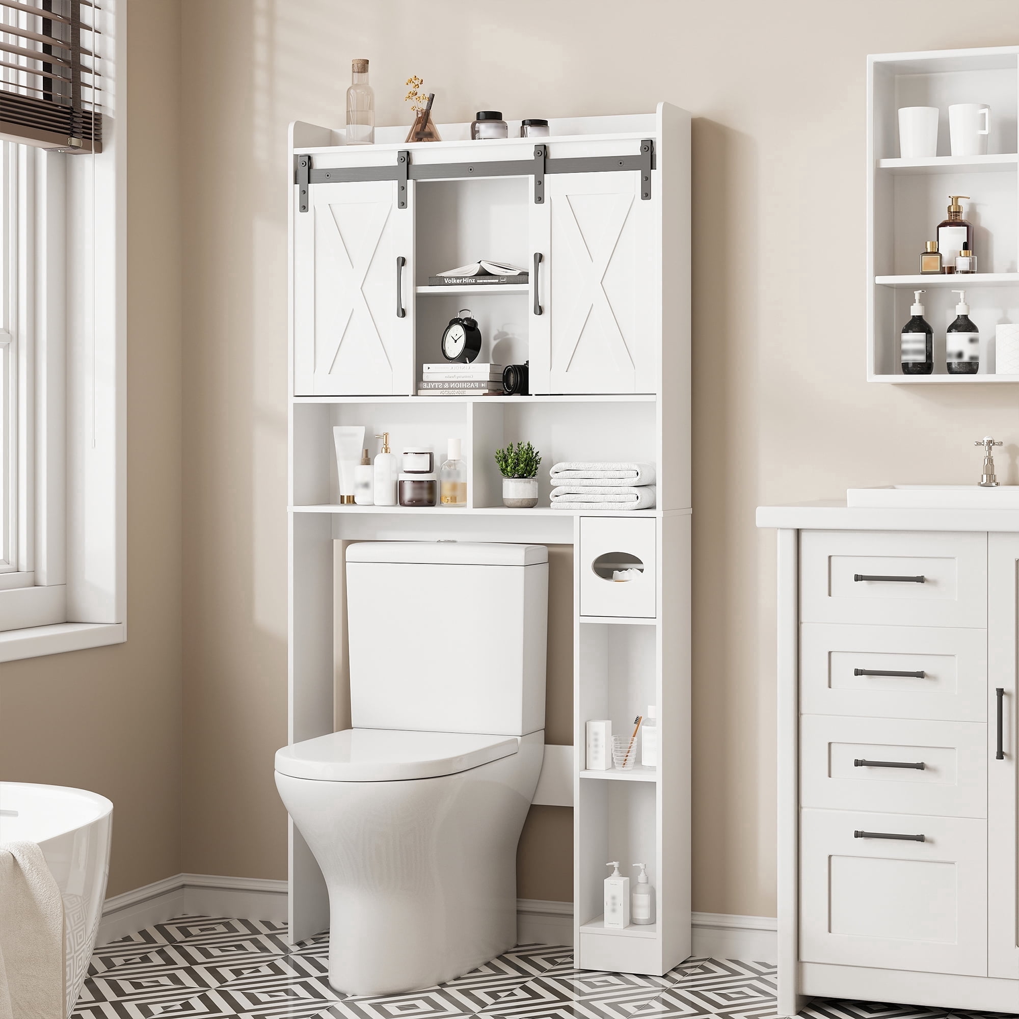Vabches Over The Toilet Storage Cabinet with Sliding Doors & Toilet Paper Holder, Bathroom Organizer Space Saver, White