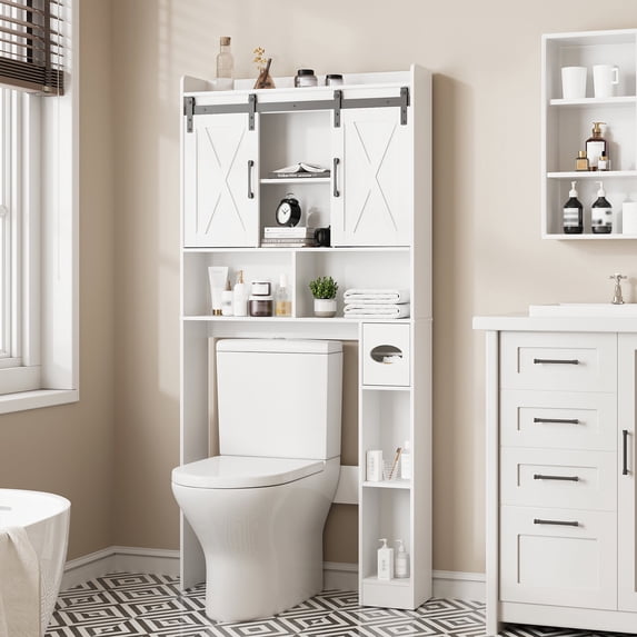 Vabches Over The Toilet Storage Cabinet, Bathroom Shelves Organizer Space Saver with Sliding Doors & Toilet Paper Holder for Bathroom, Restroom, Laundry