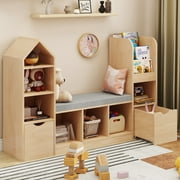 Vabches Toy Storage Organizer for Kids Bookshelf with Reading Nook, Multifunctional Kids Bookcase with 7 Storage Cubbies, 2 Movable Drawers and Seat Cushion for Keeping Kids' Toys Books Organized, Oak