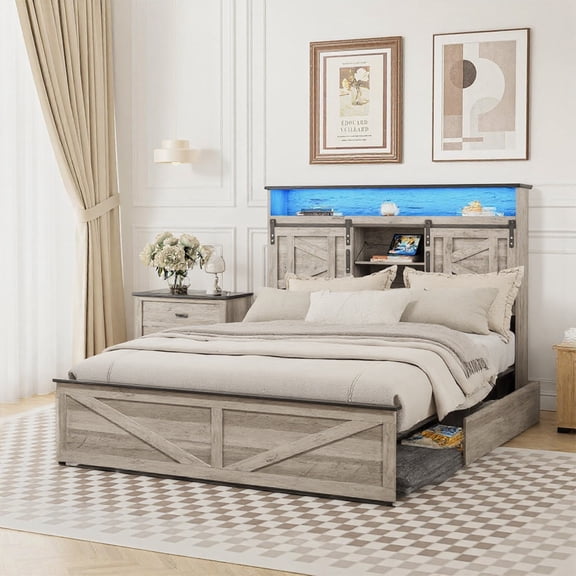 Vabches Twin Size Bed Frame with 4 Drawers, Metal Platform Bed with LED Lights, Charging Station and Bookcase Headboard, No Box Spring Needed