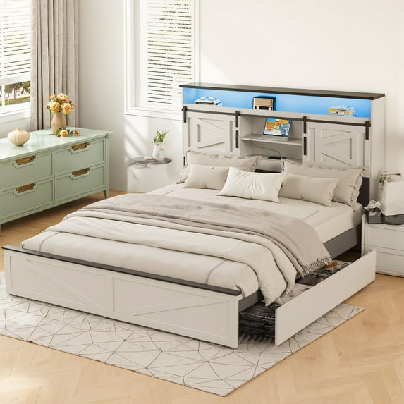 Vabches Twin Size Bed Frame with 4 Drawers, Metal Platform Bed with LED Lights, Charging Station and Bookcase Headboard, No Box Spring Needed