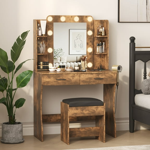 Vabches Vanity Desk Set with Mirror and Lights, Large Makeup Table with Charging Station, Comfortable Stool, 2 Drawers, Lots of Storage Shelves