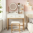 thumbnail image 1 of Vabches Vanity Desk Set with Round Mirror and Lights, Makeup Vanity Table with Stool and 2 Drawers, Vanity Table for Small Space, 1 of 9
