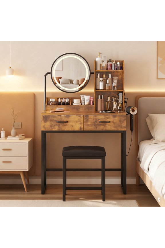 Vanity Desk Set with Round Mirror and Lights, Makeup Vanity Table with Stool and Charging Station, 2 Drawers, Vanity Table for Small Space