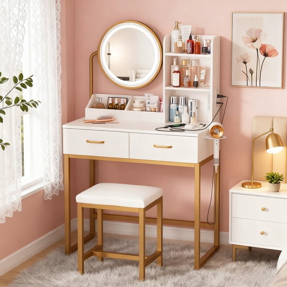 Vabches Vanity Desk Set with Round Mirror and Lights, Makeup Vanity Table with Stool and Charging Station, 2 Drawers, Vanity Table for Small Space