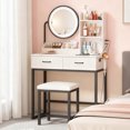 thumbnail image 1 of Vabches Vanity Desk Set with Round Mirror and Lights, Makeup Vanity Table with Stool and Charging Station, 2 Drawers, Vanity Table for Small Space, 1 of 9