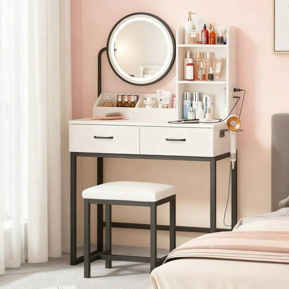 Vabches Vanity Desk Set with Round Mirror and Lights, Makeup Vanity Table with Stool and Charging Station, 2 Drawers, Vanity Table for Small Space