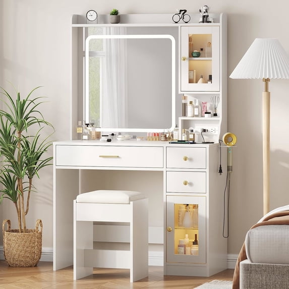 Vabches Vanity Desk With Mirror And Stool for Women,Girls,Makeup Vanity Table Set With 3 Drawers & Charge Station & Open Visible Cabinet,Whtie