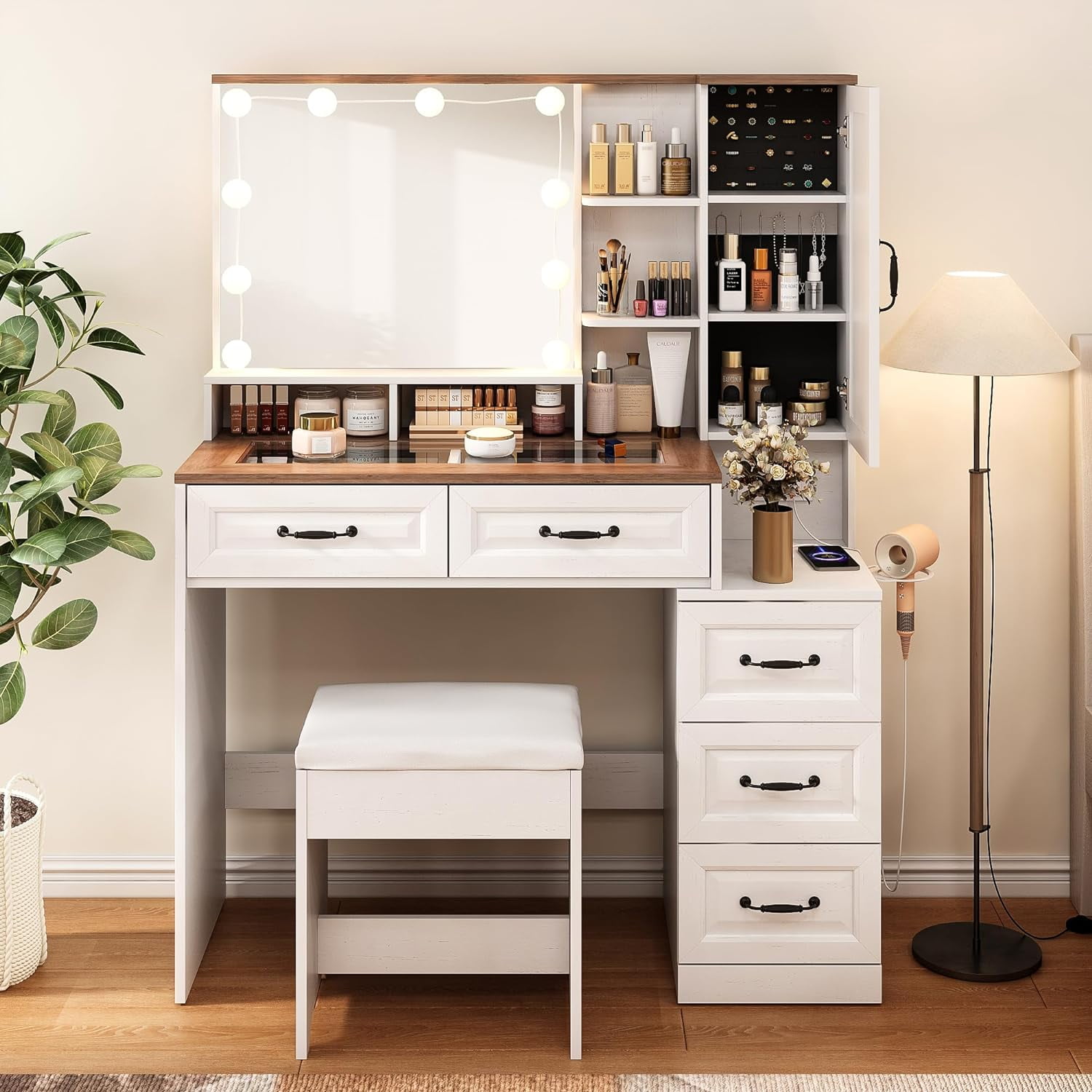 Vabches Vanity Set with Stool and Light , Glass Top, Modern Makeup 