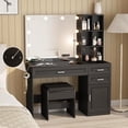thumbnail image 1 of Vabches Vanity Set with Lighted Mirror & Glass Top, Makeup Table with 3 Drawers and Lots of Shelves, Black, 1 of 9