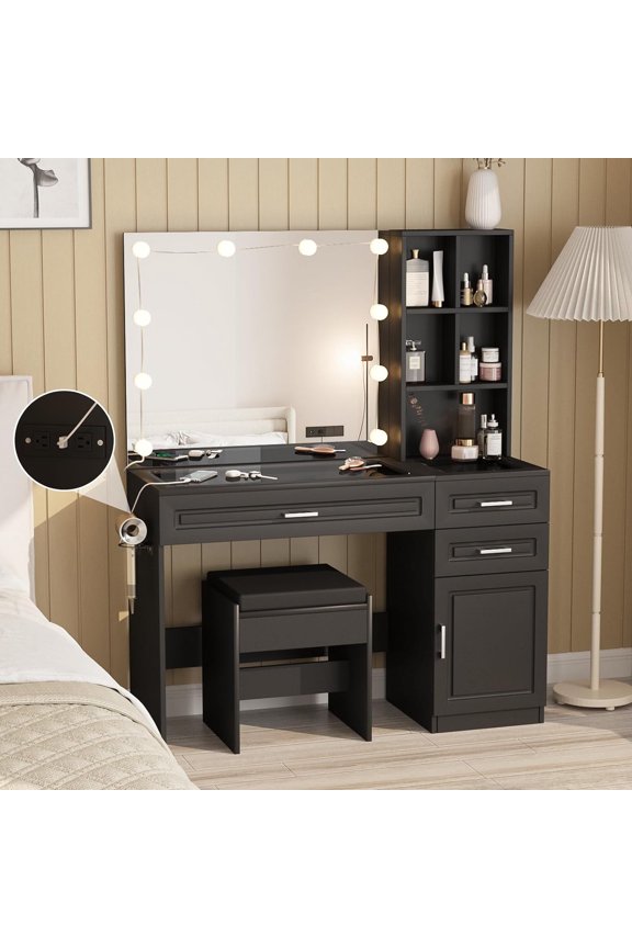 Vanity Set with Lighted Mirror & Glass Top, Makeup Table with 3 Drawers and Lots of Shelves, Black
