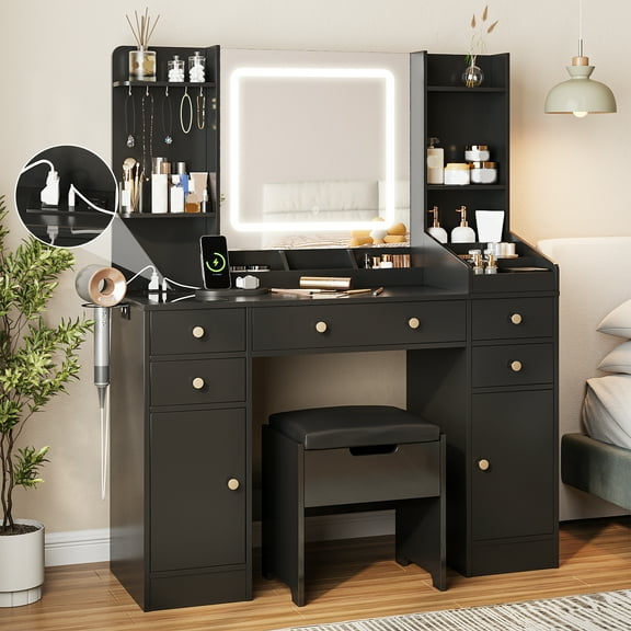 Vabches Vanity Set with Mirror and Lights, Makeup Table with Charging Station,5 Drawers & Storage Shelves, Black