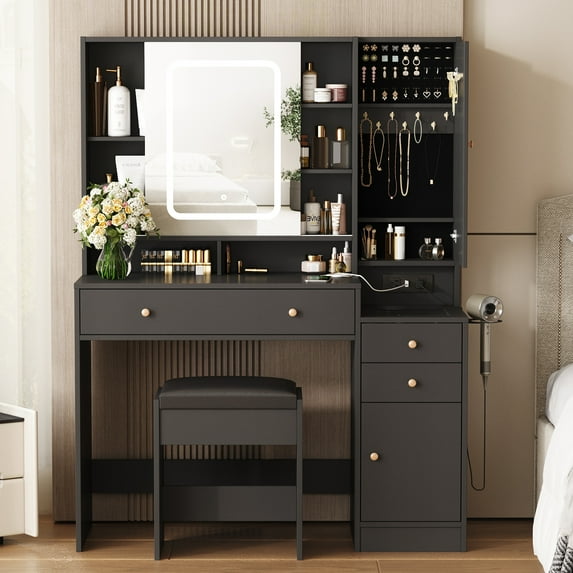 Vabches Vanity Set with Sliding Mirror and Lights Makeup Table with 3 Drawers & 2 Cabinets & 5 Shelves,Black